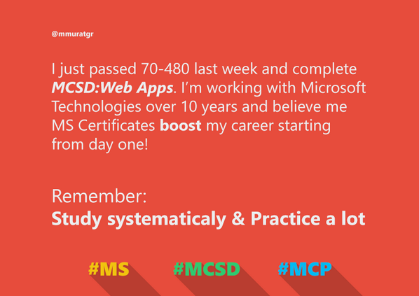 mmuratgr's tweet photo. Just passed 70-480 and complete my #MCSD . Advice: Study systematicaly &amp; Practice alot with @MSLearning #CertifyMe http://t.co/UW2l6TCoEB