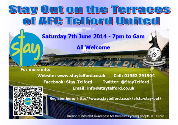 StayTelford's tweet photo. #CharityHour Stay Out on the terraces of AFCTU as part of #THAW2014 - register here: http://t.co/Im30nH2i2g http://t.co/nSzissld7l