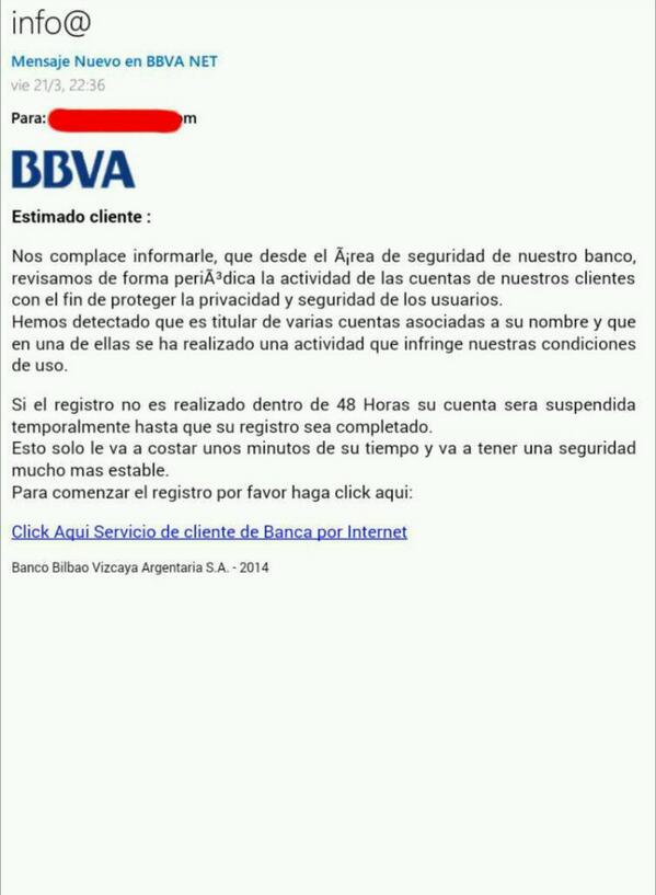 guardiacivil's tweet photo. Está difundiendose este #phishing al @bbva ...hasta a nosotros nos ha llegado hoy... #NOPIQUES http://t.co/lW6YhiaHHt"