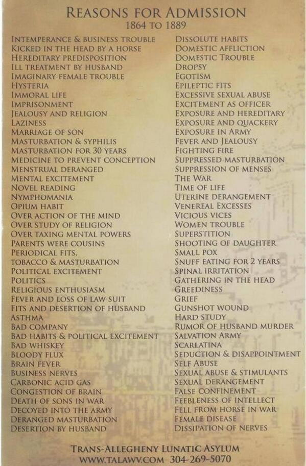 ThatsHistory's tweet photo. An amazing list of actual reasons for admission into the Trans-Allegheny Lunatic Asylum from the late 1800s. http://t.co/5ealKhaOC6