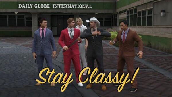 RockstarGames's tweet image. Snapmatic #Business Winner #1: Homage to Ron Burgundy &amp;amp; Daily Globe News Team (sans tridents) by @BushkaUK of @iGTA5