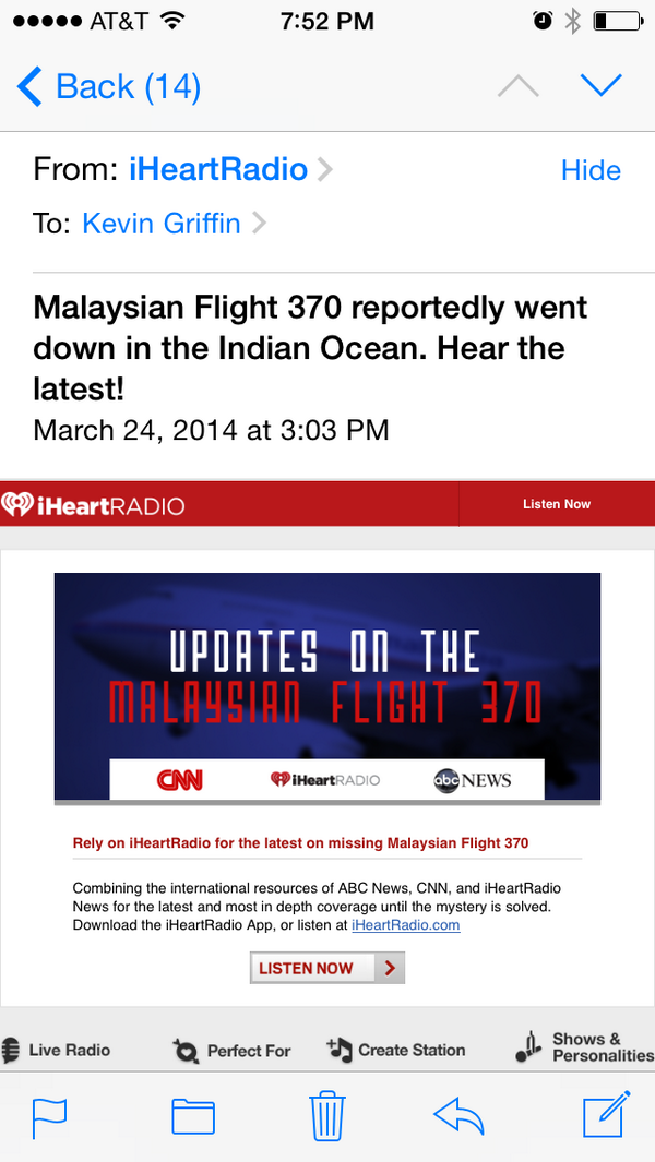 kgriffin's tweet photo. .@iheartradio absolutely appalled to see you use a tragedy as a promotional opportunity. For shame. http://t.co/7nv5XTLTnk