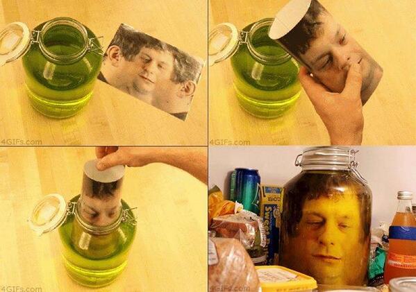 ZombieRiot's tweet photo. Crazy, "Head in a Jar" prank. Learn how to do it here http://t.co/tyB2Ch3NwA #horror #diy http://t.co/vXCGxNvTlM
