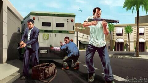 TheGTABase's tweet image. Wicked piece of #GTAV fan art, showing off M, T &amp;amp; F robbing a Gruppe 6