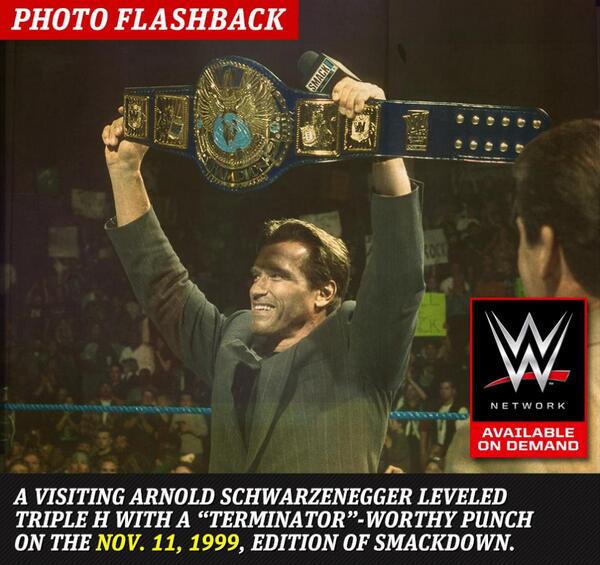 WWE's tweet photo. From the #WWEApp: 15 years ago!
#BoxOfficeChamp @Schwarzenegger #RAW @SabotageMovie http://t.co/H9xXibfHLx