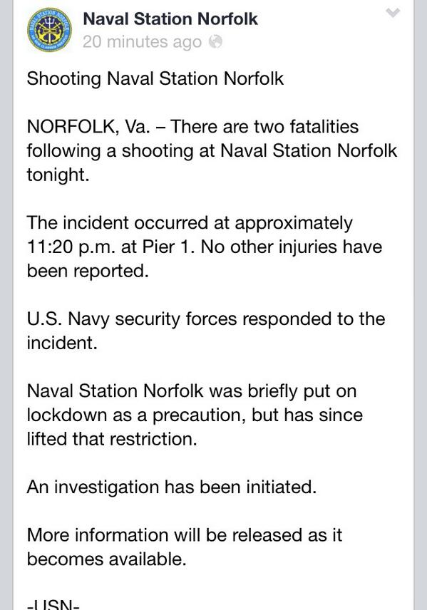 Two dead at U.S. Navy Station in Norfolk Virginia