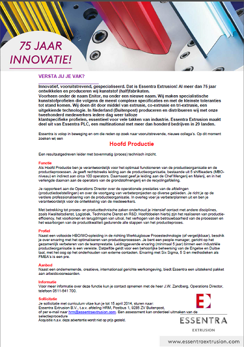 EnitorBV's tweet photo. Essentra Extrusion B.V. is op zoek naar een nieuwe collega:
Hoofd Productie
Voor meer informatie zie link. http://t.co/775SJmnRwh