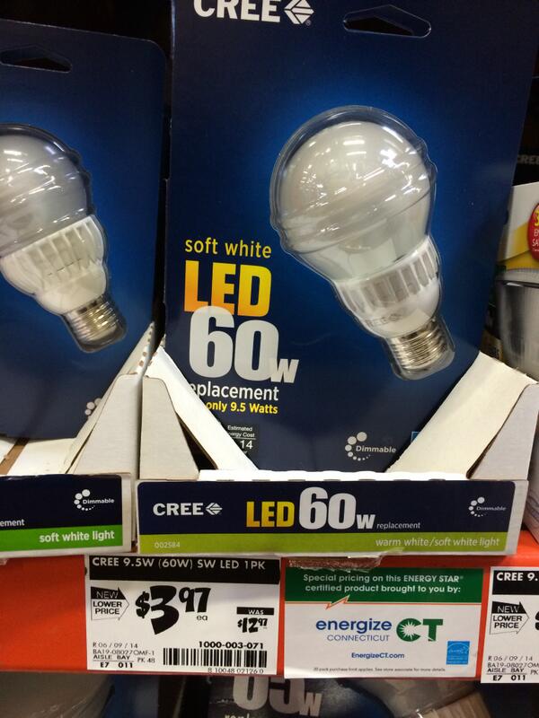 Pogue's tweet photo. Whoa. LED bulbs (which were, like, $40 a year ago) are now less than $4 each! http://t.co/ZA9wFrTZrE