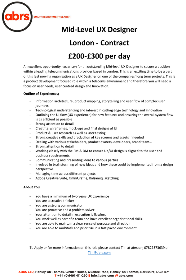 Tim Killingback On Twitter Wanted Mid Level Ux Designer 3 Month Contract 200 300 Pd Jobs Design 07827373639 Tim Abrs Com Http T Co Ogbfowf8ct Twitter Tim Killingback On Twitter Wanted Mid Level Ux Designer 3 Month Contract 200 300 Pd Jobs Design 07827373639 Tim Abrs Com Http T Co Ogbfowf8ct Twitter
