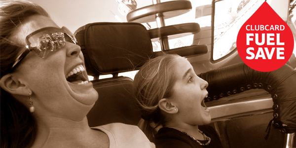 Tesco's tweet image. Mary saved loads with Clubcard #FuelSave. Enough to drive the kids round the bend for a change... to Alton Towers!