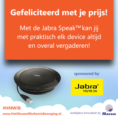De beste #werkplekselfie van 24 maart is gepost door <a href="/femke_rensen/">Femke Rensen</a>. Gefeliteerd! Jij wint de Jabra Speak. #HNWIB