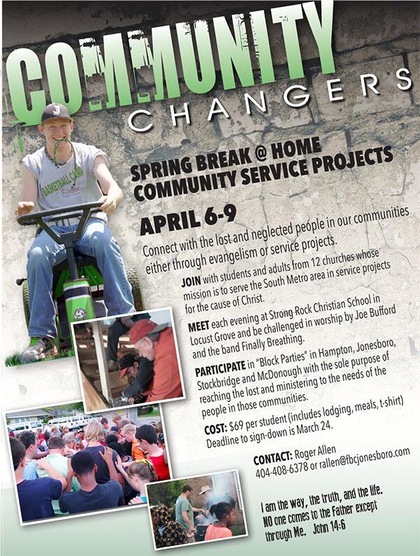 The deadline to sign up for the Spring Break Mission trip is coming up soon. Be sure to get your deposit in soon!!