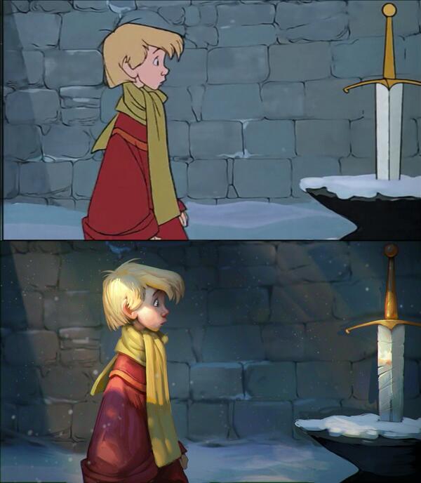 animationcareer's tweet photo. Tyson Murphy painted over a frame from the Sword in the Stone! Here are the before &amp; afters! http://t.co/uqaOd8Ubqk http://t.co/QpaLCF4HcP