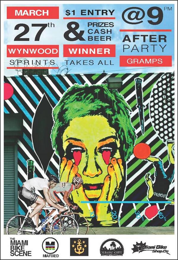 MiamiBikeScene's tweet photo. Wynwood Sprints - Thursday, March 27th 9pm @grampsbar @MagicCityBike http://t.co/S7T3DSsgRk