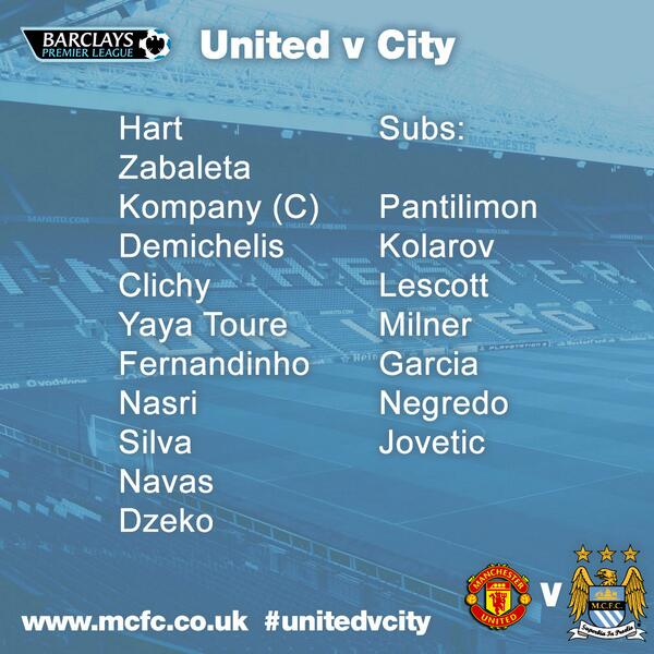 ManCity's tweet photo. TEAM SHEET: Your #mcfc line-up in full to face United #unitedvcity http://t.co/PpiIhWGLbC