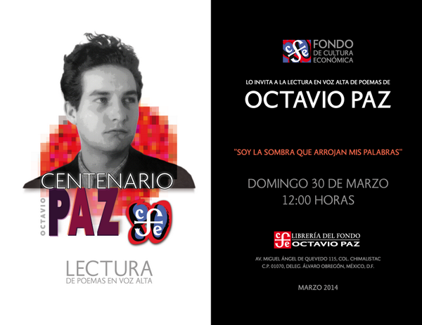 Lapyrinola's tweet photo. Soy la sombra que arrojan mis palabras, dijo Octavio Paz. Te invitamos a la lectura de su obra. #100dePaz http://t.co/7dn50Xggap @FCEMexico