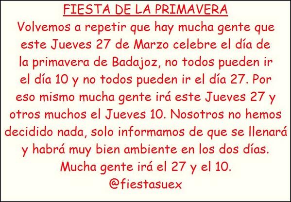 FiestasUex's tweet photo. ACLARACIÓN IMPORTANTE SOBRE LA FIESTA DE LA PRIMAVERA DE BADAJOZ. http://t.co/HXDwh6mREU