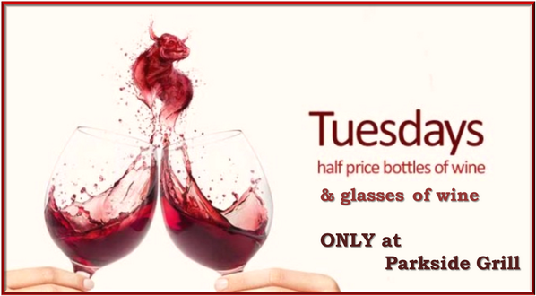 ParksideGrill's tweet photo. What is better than wine? 1/2 PRICE WINE!!! Tonight @ParksideGrill you can enjoy 1/2 price bottles &amp; glasses of wine! http://t.co/E9HG0iFObi