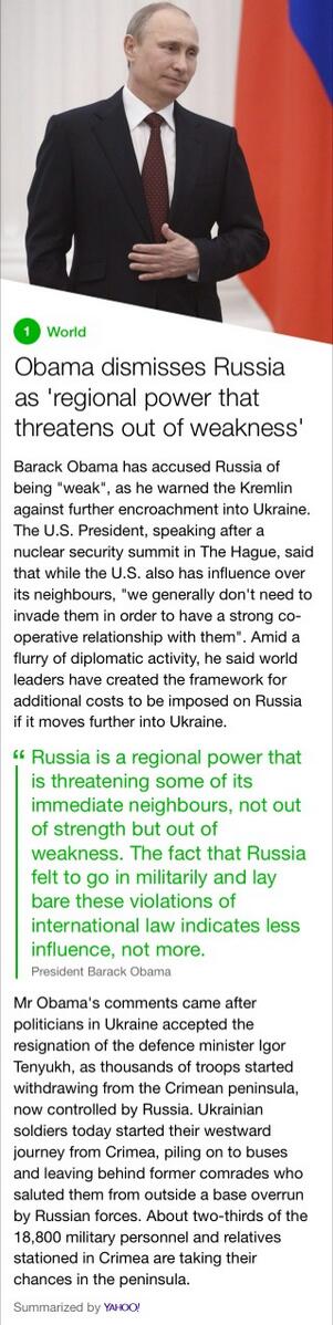 actionmansaha's tweet photo. Obama dismisses Russia as 'regional power that threatens out of weakness' #nuclear via @YahooNewsDigest. http://t.co/jMXtYzFhTC