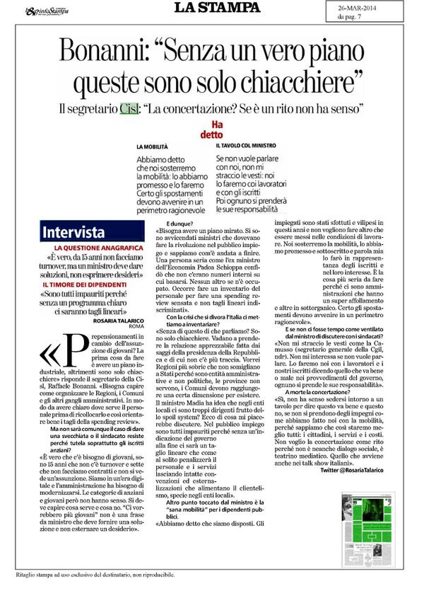 CislNazionale's tweet photo. #Bonanni su @la_stampa 'Senza un vero piano, queste sono solo chiacchiere' #Renzirispettailsindacato @matteorenzi http://t.co/dsm5G1nOTq