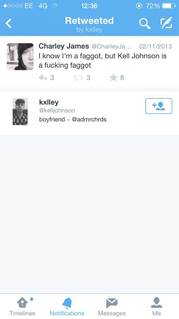 Charleyjamesx's tweet image. Kell Johnson is obviously searching his own name because hes favourited this from last year #faggit