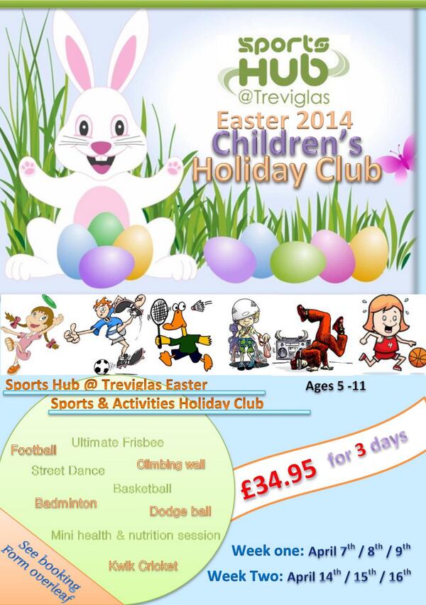 TreviglasSports's tweet photo. Our Easter programme is only 2 weeks away, if you would like to book a place for your child then please do not delay. http://t.co/dJkoZxfKT6