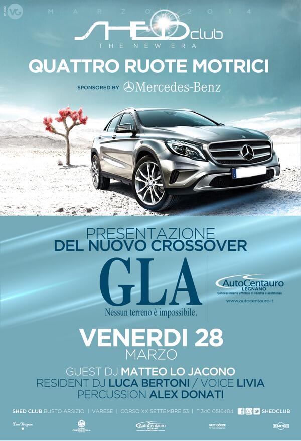ShedClub's tweet photo. Venerdì notte...presentiamo un'altra super macchina.#MercedesBenz GLA!!! E poi tutti in pista con MatteoLoJacono!!!! http://t.co/ylG8xSkcIG
