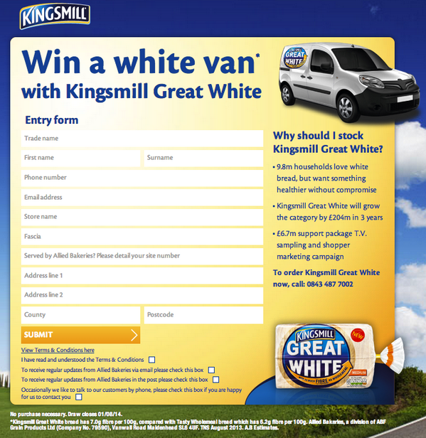 One lucky retailer has the chance to win a white van filled with #KingsmillGreatWhite! bit.ly/1pyv3wT #prize