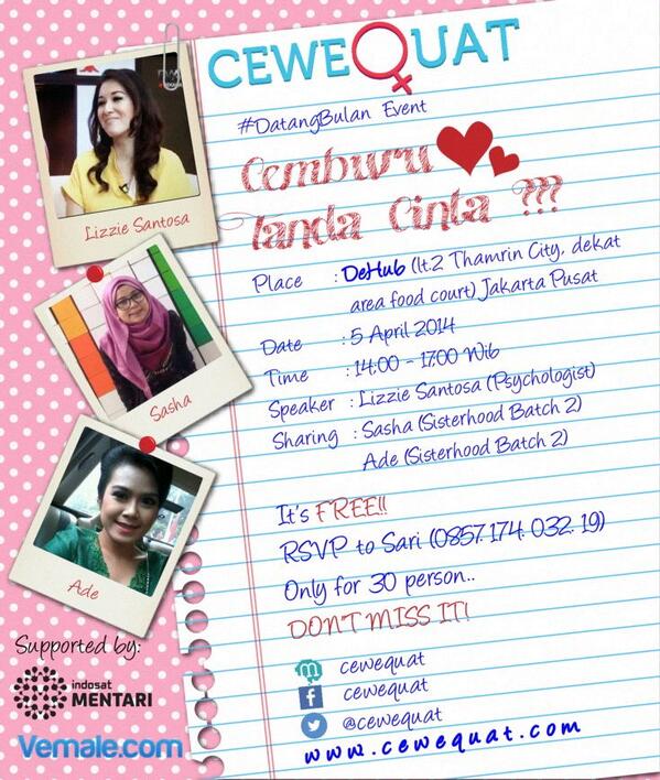 #DatangBulan “Cemburu Tanda Cinta???” w/ <a href="/lizziesantosa/">Elizabeth Santosa</a> psychologist| 05 April’14 | FREE!! #CeweQuat