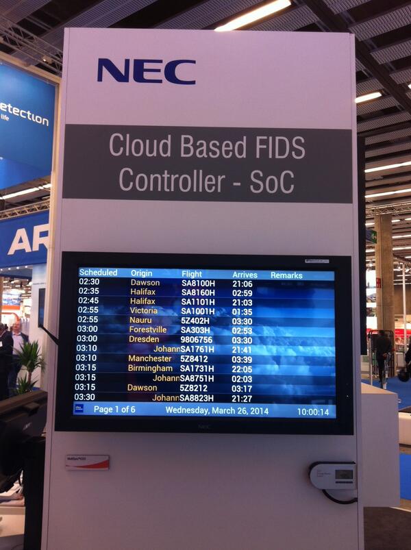 SharpDisplay's tweet photo. NEC &amp; Ultra Electronic Airport Systems launch world's first FIDS cloud system running on NEC Android OPS device http://t.co/ThVLbSjPk5
