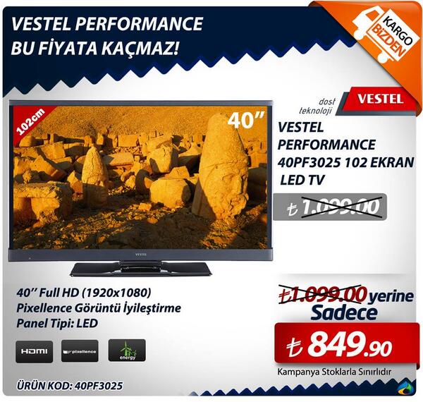 albunualcom's tweet photo. Vestel Performance 40PF3025 Led Tv 1.099,00 TL yerine sadece 849,90 TL Üstelik Kargo Bizden. http://t.co/dVUtPq7Qvj http://t.co/6EMnL7S63I