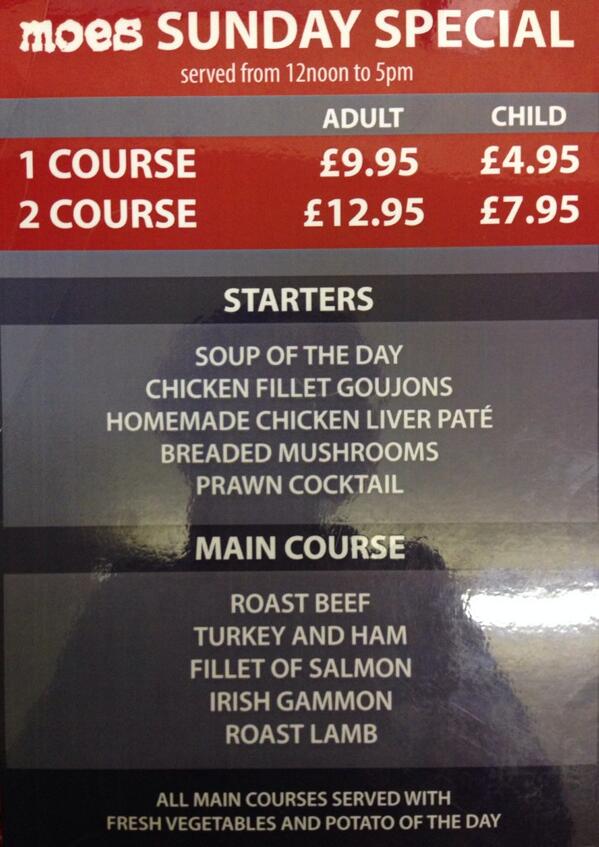 Alternative 2 course Roast menu @ Moes Grill Magherafelt on Mothers Day :) Open from 10am-8pm 🍴🍷🍺