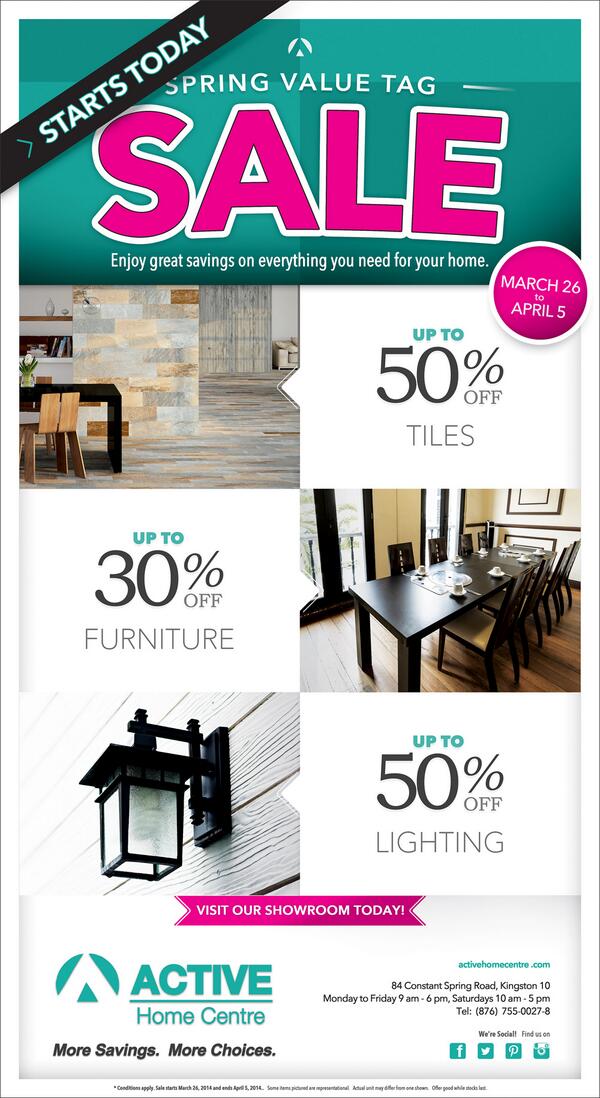 ActiveHC's tweet photo. @ActiveHC #SpringValueTagSale starts today! Up to 50% OFF Tiles &amp; Lighting plus up to 30% OFF furniture. http://t.co/lP9J0xdEDR