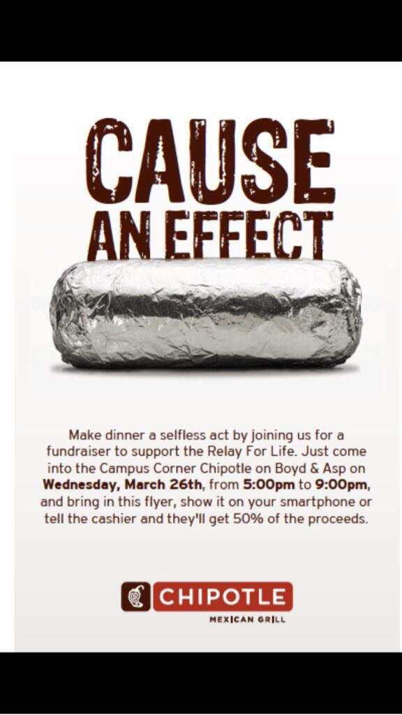 relayforlifeou's tweet image. Today's the day! Make sure you come to Chipotle from 5-9 to support Relay For Life!
