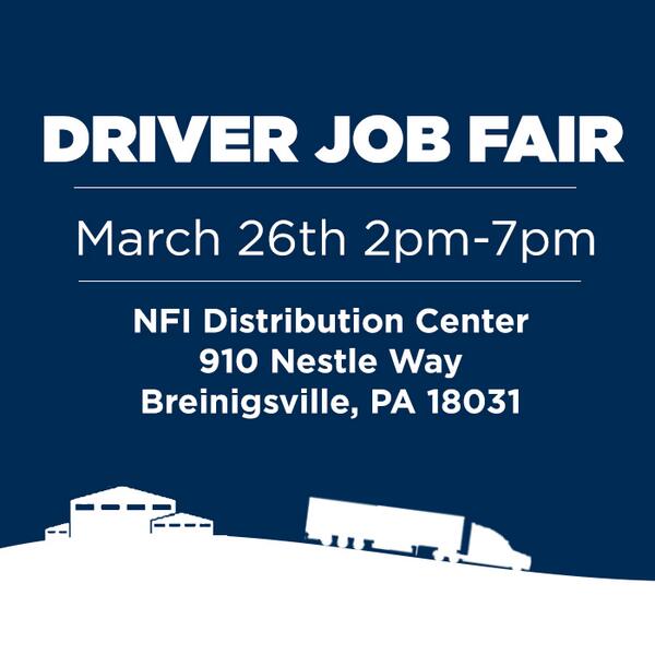 Driver Job Fair in Breinigsville, PA TODAY from 2pm-7pm #jobs #trucking Check out the photo for more information