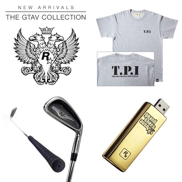 RockstarGames's tweet image. The GTA V Iron, Gold Bar USB Drive and T.P.I Tee are the latest additions to the Warehouse: rsg.ms/1p60QXI