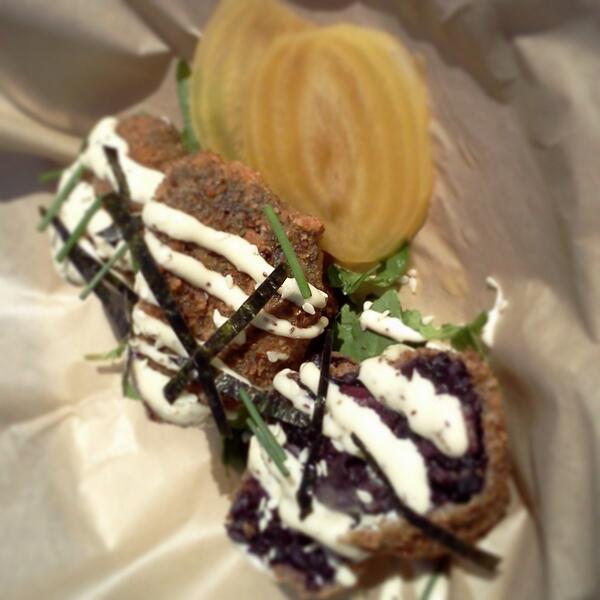 bigjuiceb's tweet photo. Fried blkrice #onigiri/sesame mayo/nori/pickled beets. Come check @RooftopBB new menu items,too! @GaTheatre #athensga http://t.co/FNLYCPHVyt