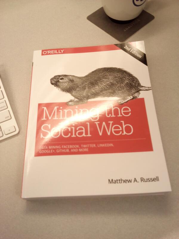 alxndrkalinin's tweet image. Got a copy of @ptwobrussell&apos;s @SocialWebMining from last week&apos;s #BigDataChat Many thanks @FractalSciences @strataconf