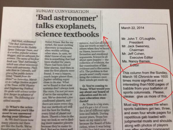 SciGuySpace's tweet photo. Reader of the print product writes in; likes the @BadAstronomer a lot more than "sports babblers." http://t.co/RrB5usymTp