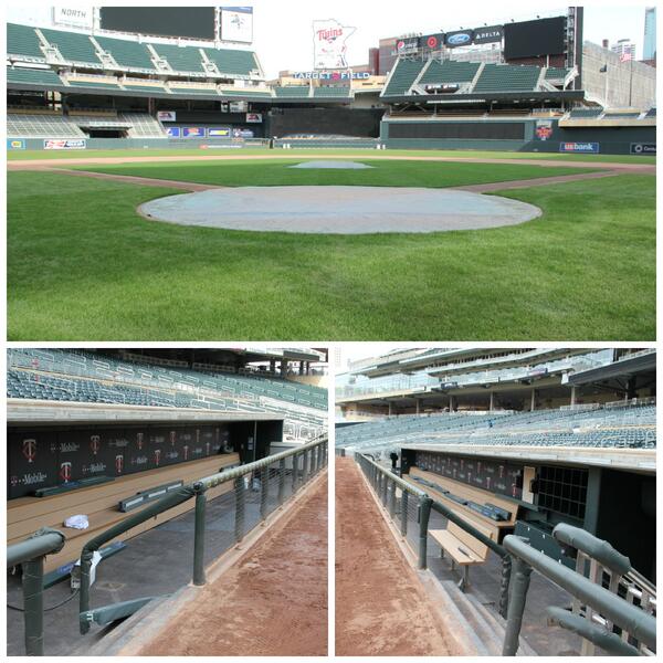 Twins's tweet photo. Green grass and open dugouts at Target Field! Yep, baseball season is almost here! http://t.co/Kh6xsYpZ8a http://t.co/CB87h45L4X