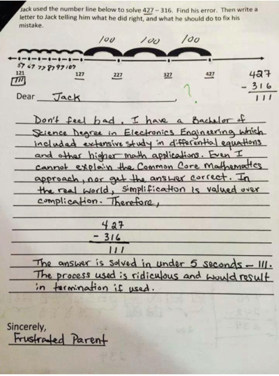 EdCrunch's tweet photo. Dad's Response to 'Ridiculous' #CommonCore Math Homework: "Simplification should be valued over complication". http://t.co/nKlA0kNhTq