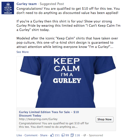 Teespring buying last names on Facebook for personalized surname oriented t-shirts: