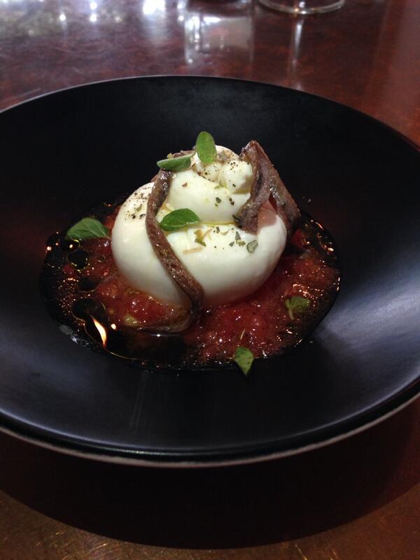 Burrata, tomato, anchovie, oregano at #piqueos tonight
