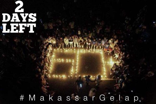 2 hari lg #MakassarGelap. Ajak orang2 utk padamkan alat2 elektronik tak terpakai Sabtu, 29/3 nnt ya. ;) #IniAksiku