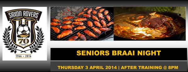 SaxonRovers's tweet photo. Seniors Braai Night | Thursday 3 March 2014 | The Clubhouse | After Training at 8pm!! 1st, 2nd, 3rd, 4th &amp;Overs :) http://t.co/S1DBXXOrrL