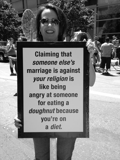 AtheistRepublic's tweet photo. Saying gay marriage is against your religion is like being angry at someone for eating cake because you're on a diet. http://t.co/OHjT1yYcgL