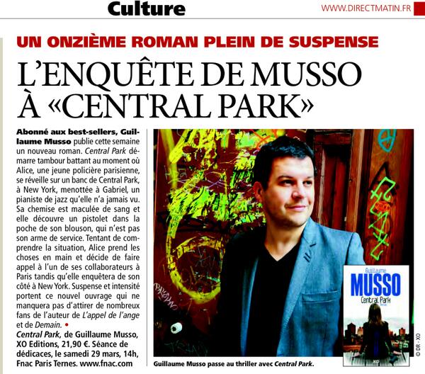 XOeditions's tweet photo. Central Park de @Guillaume_Musso dans @Direct_Matin http://t.co/YkMzwqzdpF