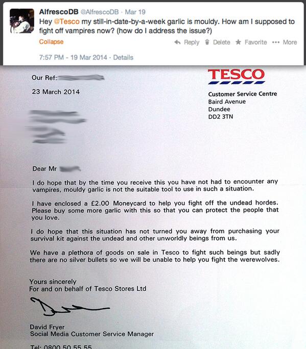 ginaschauffer's tweet photo. Tesco wins at customer service: RT @AlfrescoDB So this happened. Well played @Tesco and thanks :) http://t.co/HpweCCqEcE