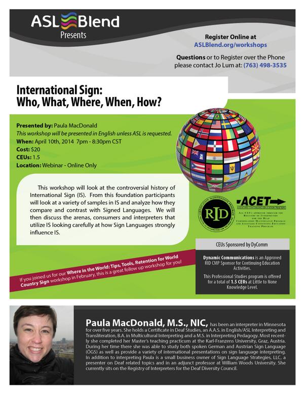 ASLBlend's tweet image. Join us for our next webinar about International Sign Language on April 10th!