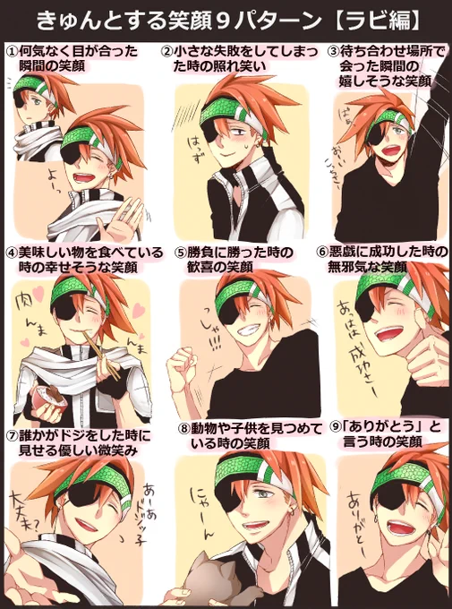 きゅんとする笑顔9パターンというのを見かけたので作業の息抜きときゅんの自給自足を兼ねてラビで遊んでみました。ちなみに私は④がツボですラビ愛しい 